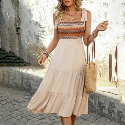 Women's Summer Boho Spaghetti Straps Dress Casual Long A-line Beach Dress Square - Thumbnail 7