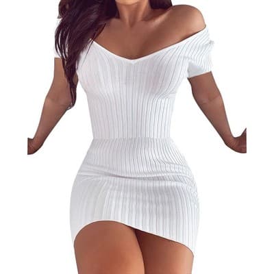 V-neck solid color slim dress - Thumbnail 6