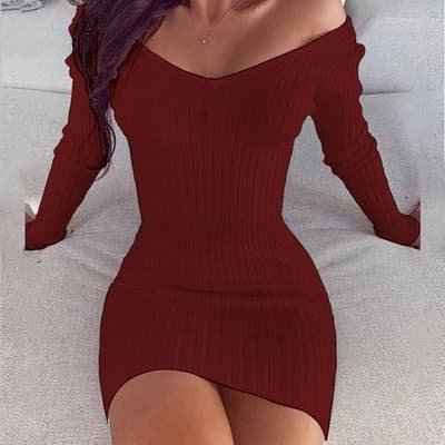 V-neck solid color slim dress - Thumbnail 9