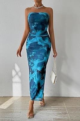 Women's Clothing Slit Hemline At Hem Sleeveless Printed Dress - Thumbnail 8