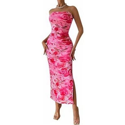 Women's Clothing Slit Hemline At Hem Sleeveless Printed Dress - Thumbnail 6