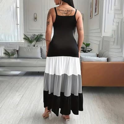 Women's Summer Casual Sleeveless V Neck Color Block Spaghetti Strap Maxi Long Dr - Thumbnail 7