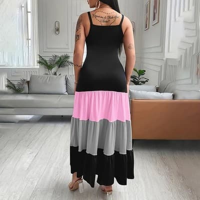 Women's Summer Casual Sleeveless V Neck Color Block Spaghetti Strap Maxi Long Dr - Thumbnail 2