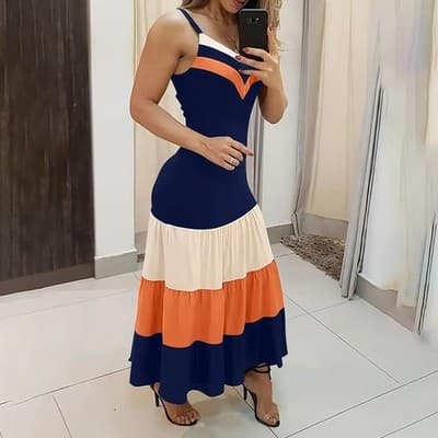 Women's Summer Casual Sleeveless V Neck Color Block Spaghetti Strap Maxi Long Dr - Thumbnail 3