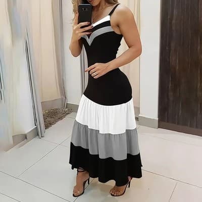 Women's Summer Casual Sleeveless V Neck Color Block Spaghetti Strap Maxi Long Dr - Thumbnail 6