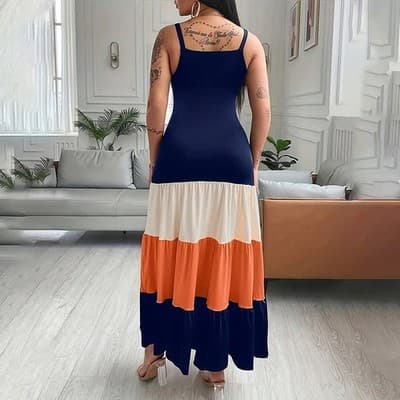 Women's Summer Casual Sleeveless V Neck Color Block Spaghetti Strap Maxi Long Dr - Thumbnail 5