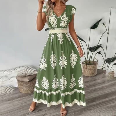 Women's Summer Flowy Maxi Dress Casual Cap Sleeve V Neck Smocked Waist Beach Sun
