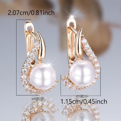 Champagne Gold Pearl-Inlaid Round White Diamond Earrings For Women - Thumbnail 3