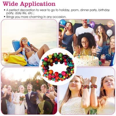 1Pc Multi-Color Wooden Beaded Stretchy Bracelet Colorful Exotic Style Elastic Br - Thumbnail 2