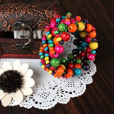 1Pc Multi-Color Wooden Beaded Stretchy Bracelet Colorful Exotic Style Elastic Br - Thumbnail 6