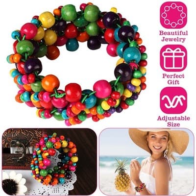 1Pc Multi-Color Wooden Beaded Stretchy Bracelet Colorful Exotic Style Elastic Br - Thumbnail 3
