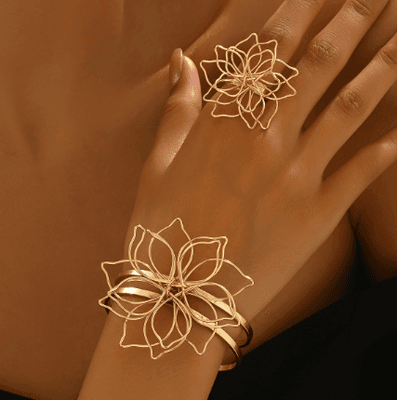 Lxalry Fashion Women's Jewelry Set, Elegant Geometric Lattice Flower Ring, Doubl