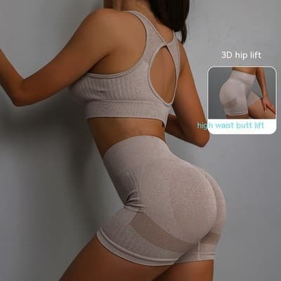 2pcs Sports Fitness Yoga Suit Breathable Hip-lifting Shorts And Hollow Out Back - Thumbnail 4