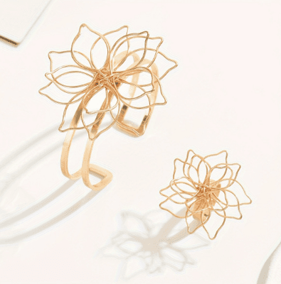 Lxalry Fashion Women's Jewelry Set, Elegant Geometric Lattice Flower Ring, Doubl - Thumbnail 3