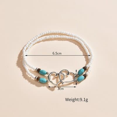 Fashion Vacation Style Alloy Double Heart Bead Turquoise Double Elastic Anklet - Thumbnail 4
