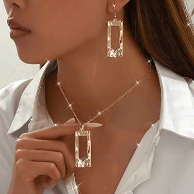 Lxalry Gold-Toned Hammered Geometric Jewelry Set, Recycled Alloy Necklace & Earr - Thumbnail 2