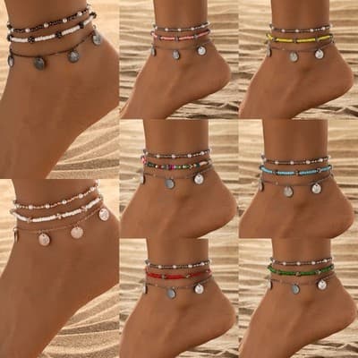 Fashion Vacation Style Alloy Double Heart Bead Turquoise Double Elastic Anklet - Thumbnail 2