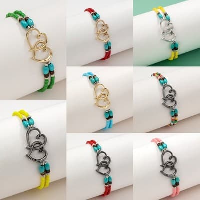 Fashion Vacation Style Alloy Double Heart Bead Turquoise Double Elastic Anklet - Thumbnail 3