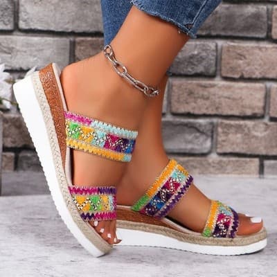 Fashion Wavy Pattern Woven Sandals Summer Casual Ethnic Style Slippers Linen Bot