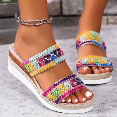 Fashion Wavy Pattern Woven Sandals Summer Casual Ethnic Style Slippers Linen Bot - Thumbnail 3