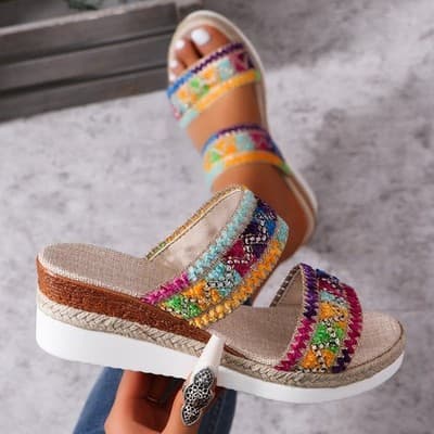 Fashion Wavy Pattern Woven Sandals Summer Casual Ethnic Style Slippers Linen Bot - Thumbnail 5