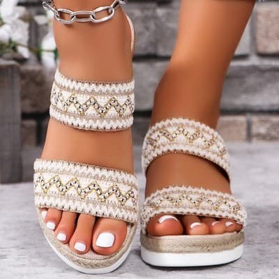 Fashion Wavy Pattern Woven Sandals Summer Casual Ethnic Style Slippers Linen Bot - Thumbnail 2