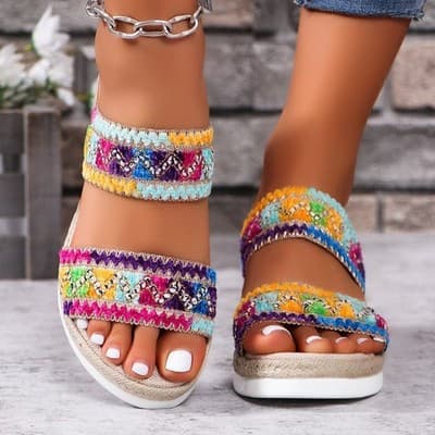 Fashion Wavy Pattern Woven Sandals Summer Casual Ethnic Style Slippers Linen Bot - Thumbnail 4