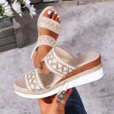 Fashion Wavy Pattern Woven Sandals Summer Casual Ethnic Style Slippers Linen Bot - Thumbnail 6