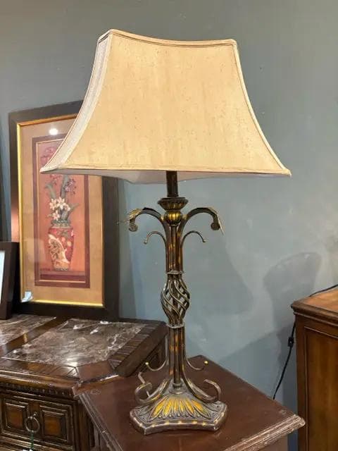 Metal Base Table Lamp with Silk Shade - Image 1