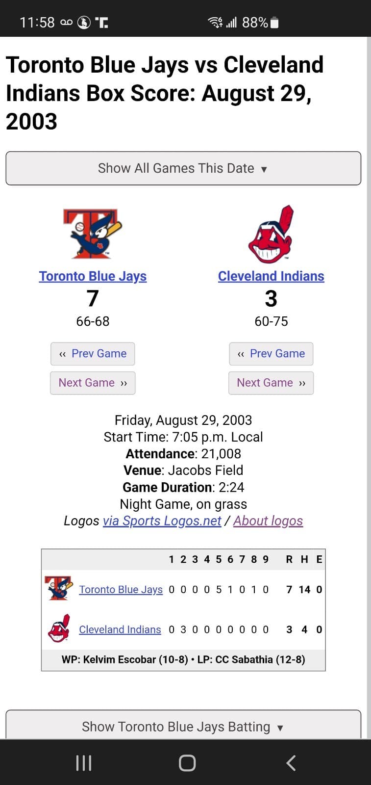2003 MLB Cleveland Indians Ticket Stub AUG 29 2003 v Toronto Blue Jays (3-7L) - Thumbnail 3