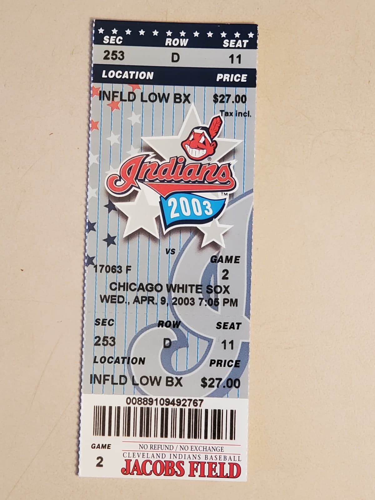 2003 MLB Cleveland Indians Ticket Stub APR 9 2003 v Chicago White Sox (5-2W) SEC - Image 1