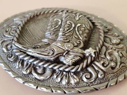 Belt Buckle - Pewter EJC@95 buckle featuring cowboy boots with spurs. Pristine - Image 1