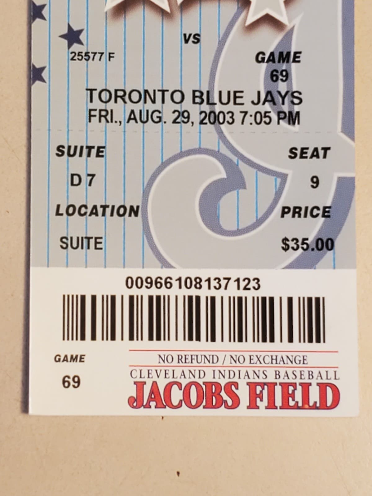 2003 MLB Cleveland Indians Ticket Stub AUG 29 2003 v Toronto Blue Jays (3-7L) - Thumbnail 5