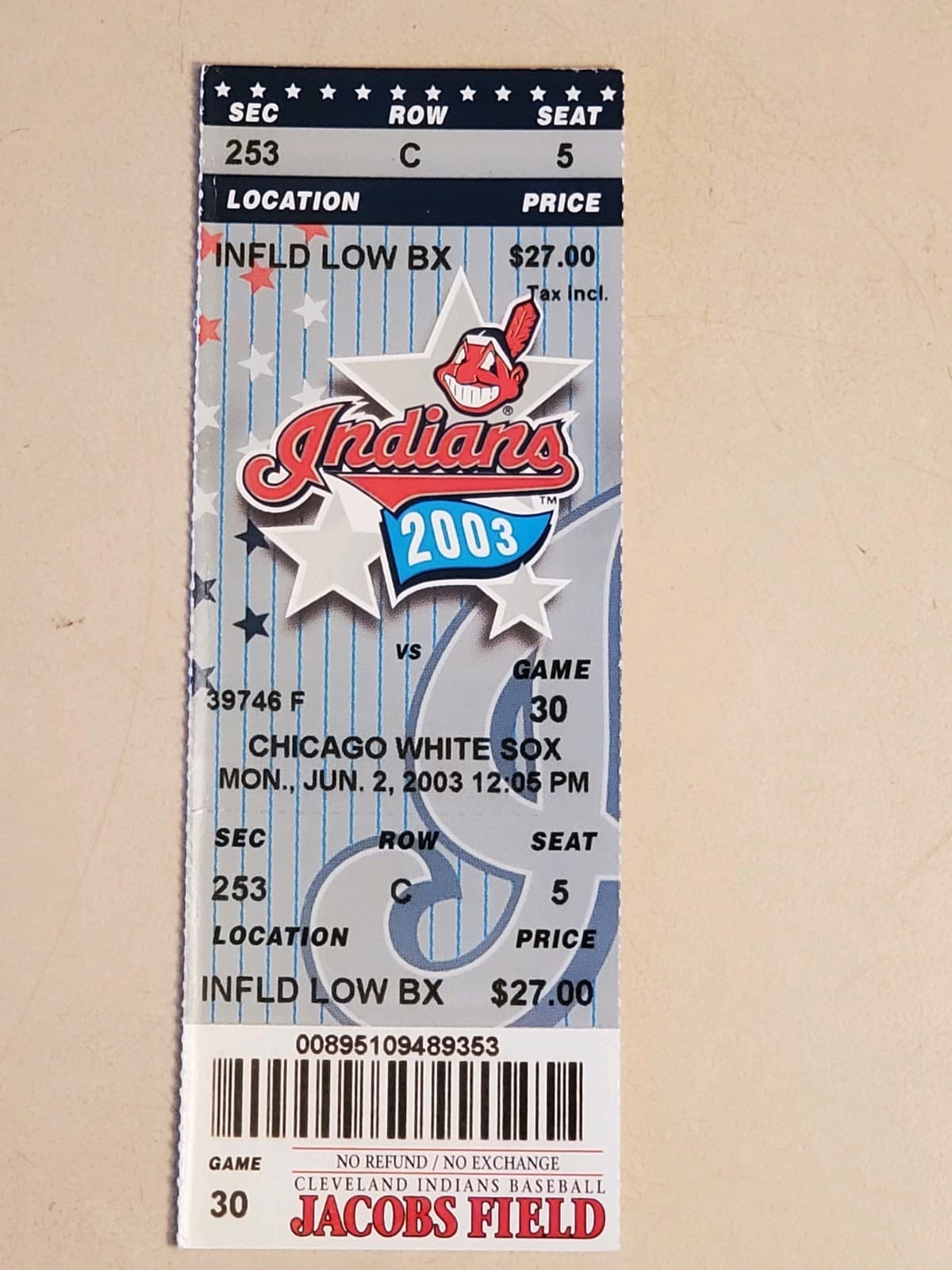 2003 MLB Cleveland Indians Ticket Stub JUN 2 2003 v Chicago White Sox (5-2W) SEC - Image 1
