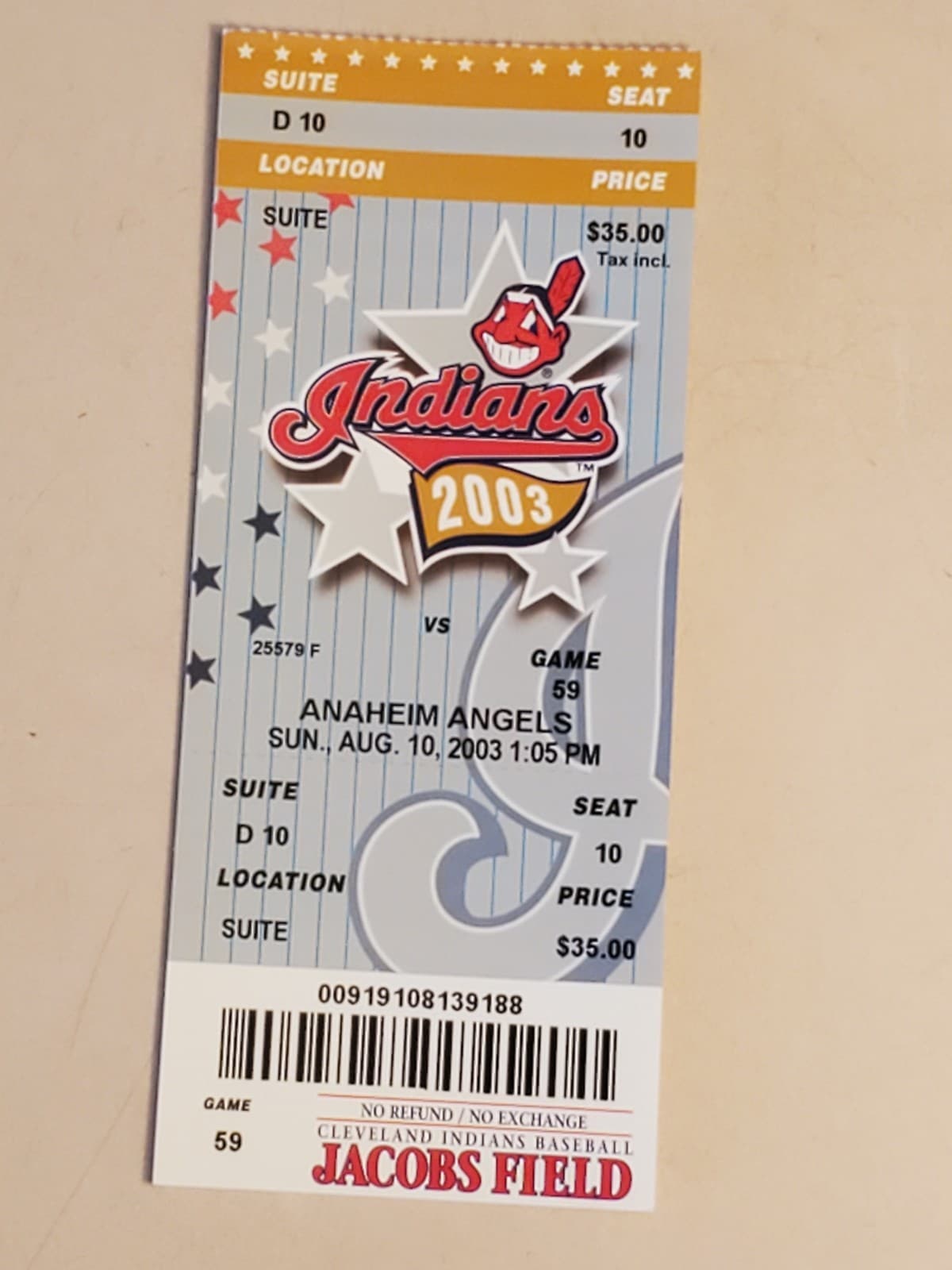 2003 MLB Cleveland Indians Ticket Stub AUG 10 2003 v Anaheim Angels (3-1W) SUITE - Image 1