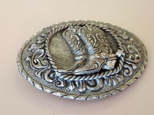 Belt Buckle - Pewter EJC@95 buckle featuring cowboy boots with spurs. Pristine - Thumbnail 3