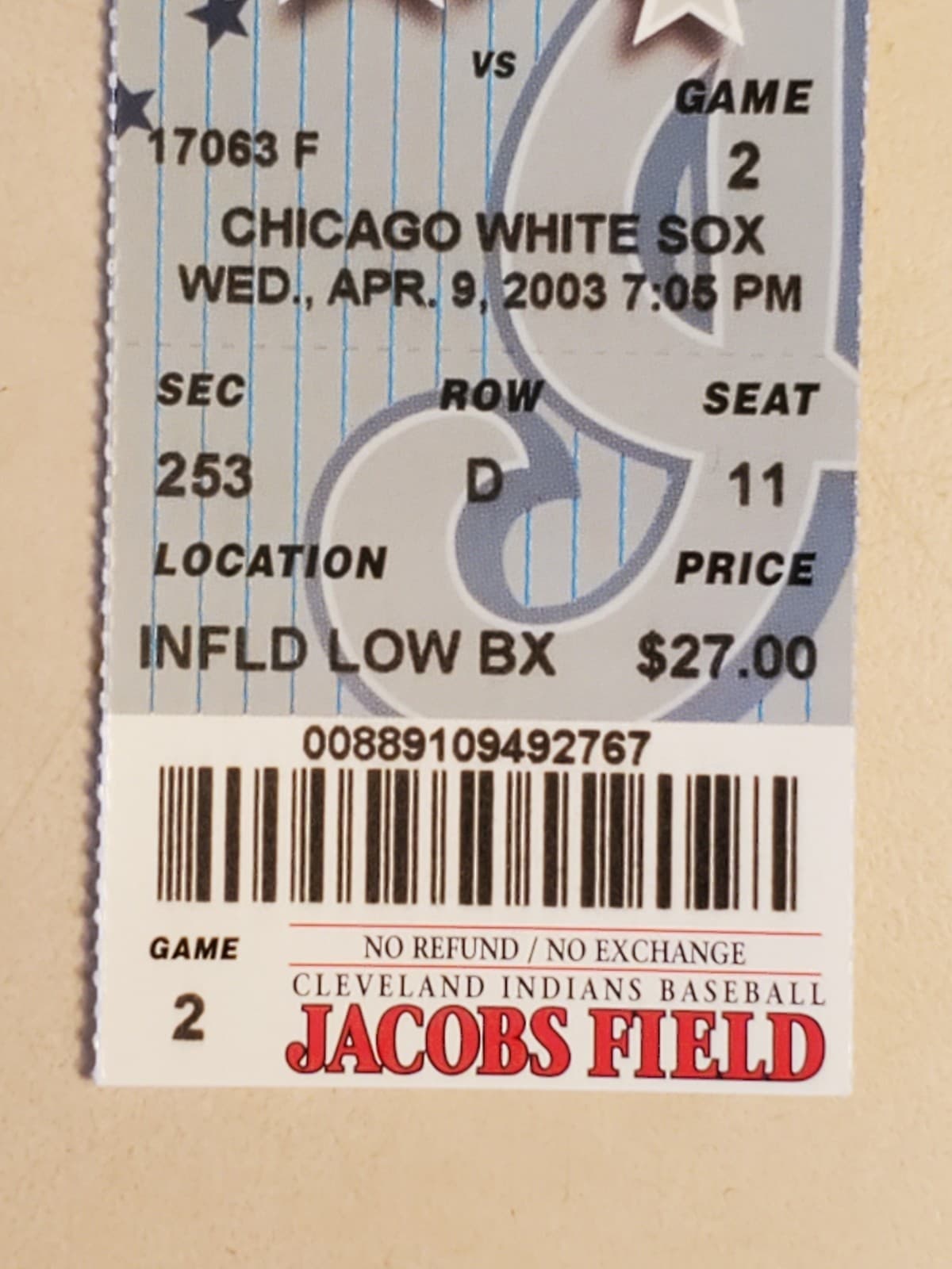 2003 MLB Cleveland Indians Ticket Stub APR 9 2003 v Chicago White Sox (5-2W) SEC - Thumbnail 5