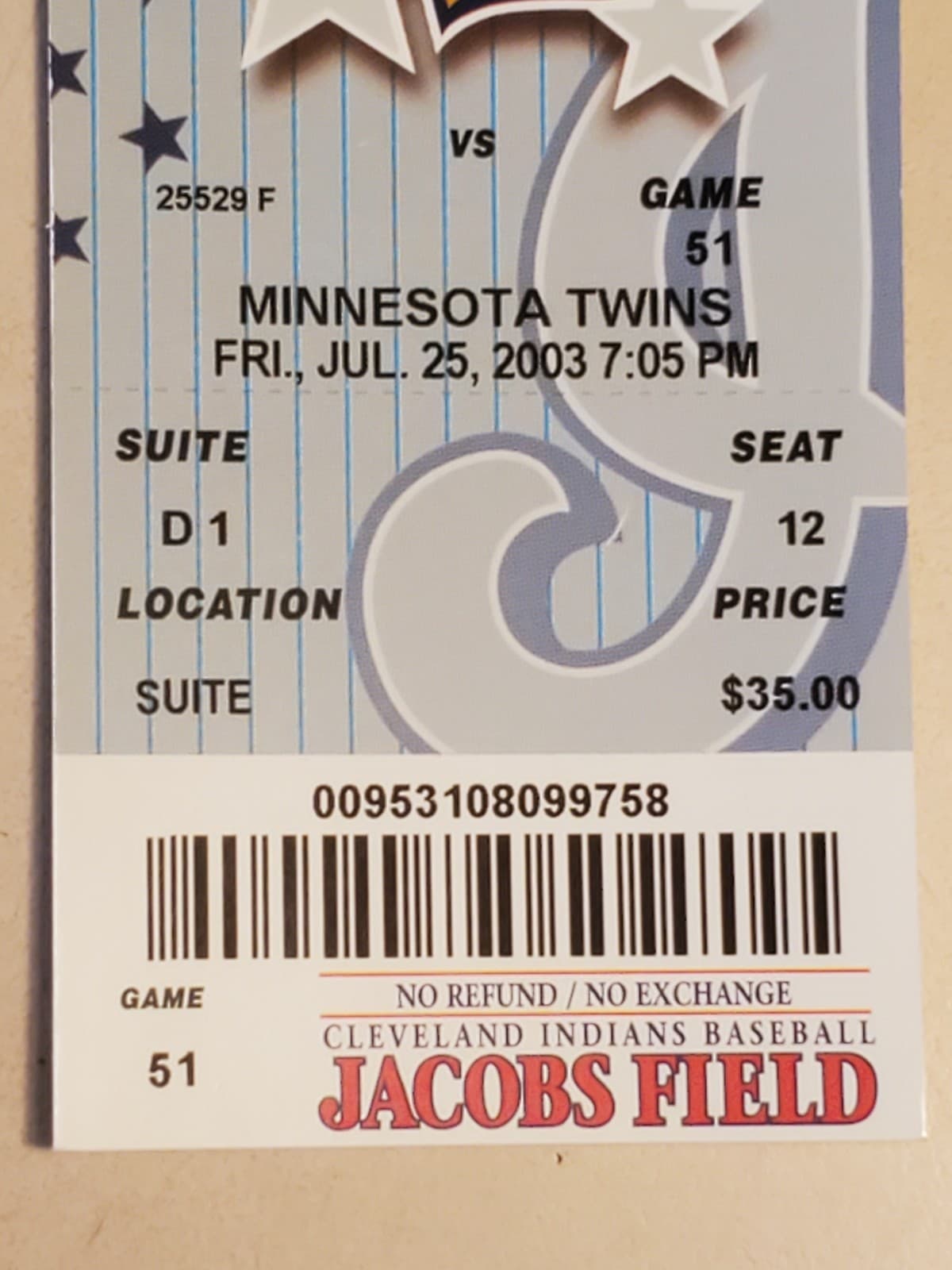 2003 MLB Cleveland Indians Ticket Stub JUL 25 2003 v Minnesota Twins (5-6L) SUIT - Thumbnail 5