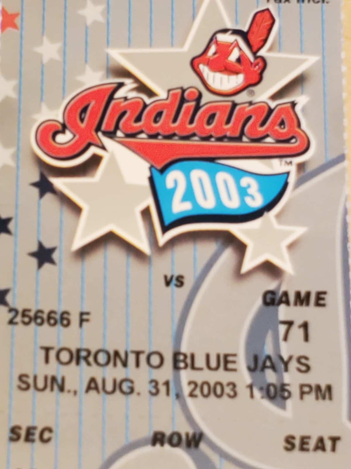 2003 MLB Cleveland Indians Ticket Stub AUG 31 2003 v Toronto Blue Jays (5-4W) - Thumbnail 4