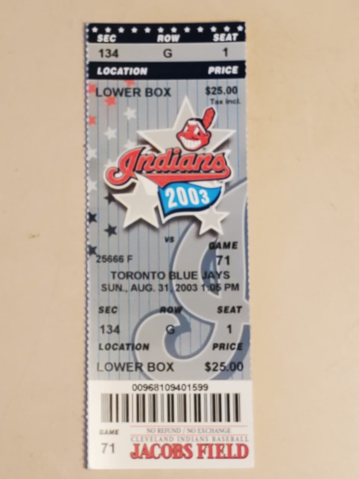 2003 MLB Cleveland Indians Ticket Stub AUG 31 2003 v Toronto Blue Jays (5-4W) - Image 1