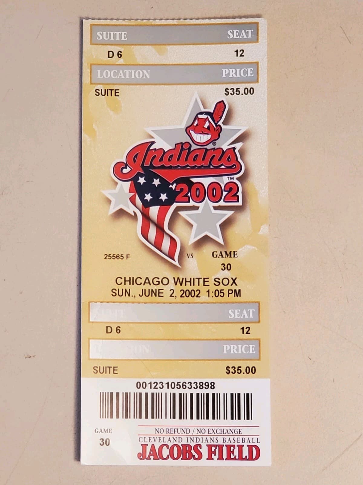 2002 MLB Cleveland Indians Ticket Stub JUN 2 2002 v Chicago White Sox (4-3W) - Image 1