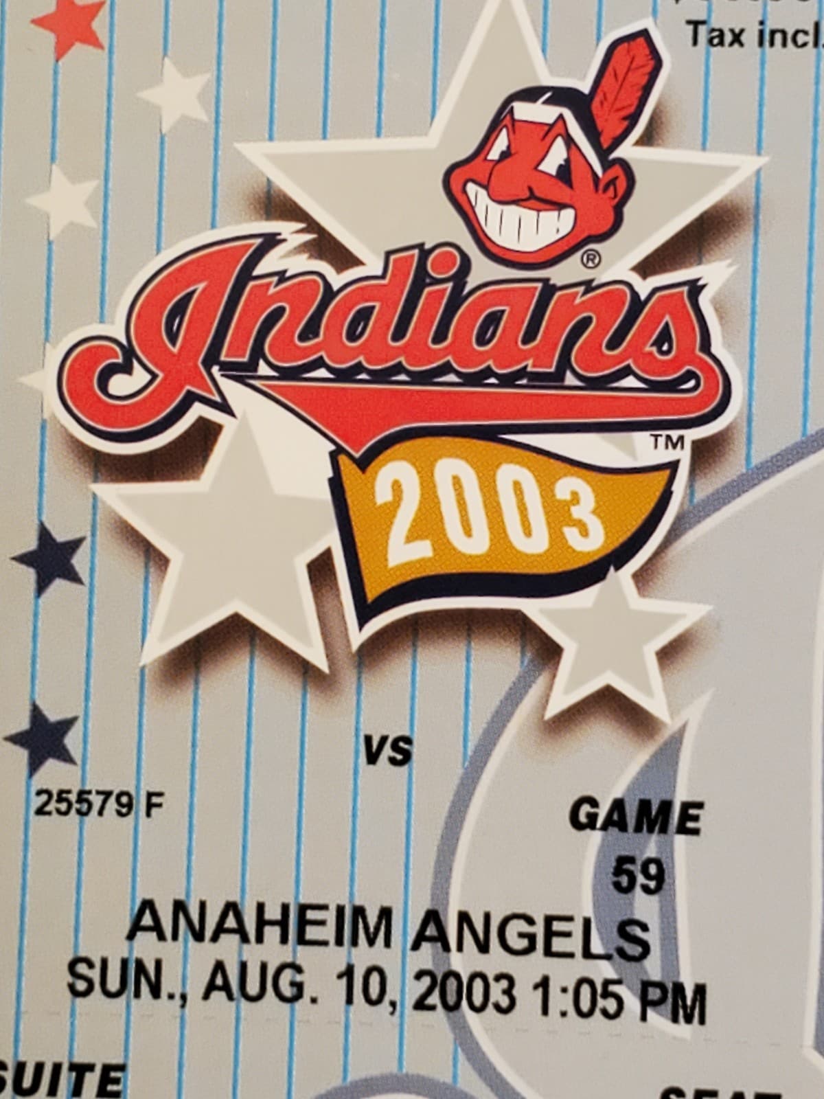 2003 MLB Cleveland Indians Ticket Stub AUG 10 2003 v Anaheim Angels (3-1W) SUITE - Thumbnail 4