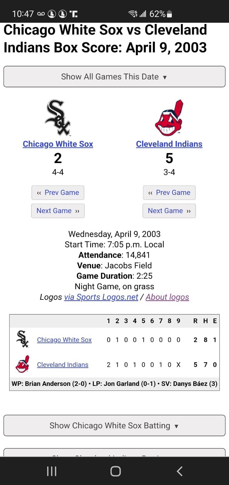 2003 MLB Cleveland Indians Ticket Stub APR 9 2003 v Chicago White Sox (5-2W) SEC - Thumbnail 3