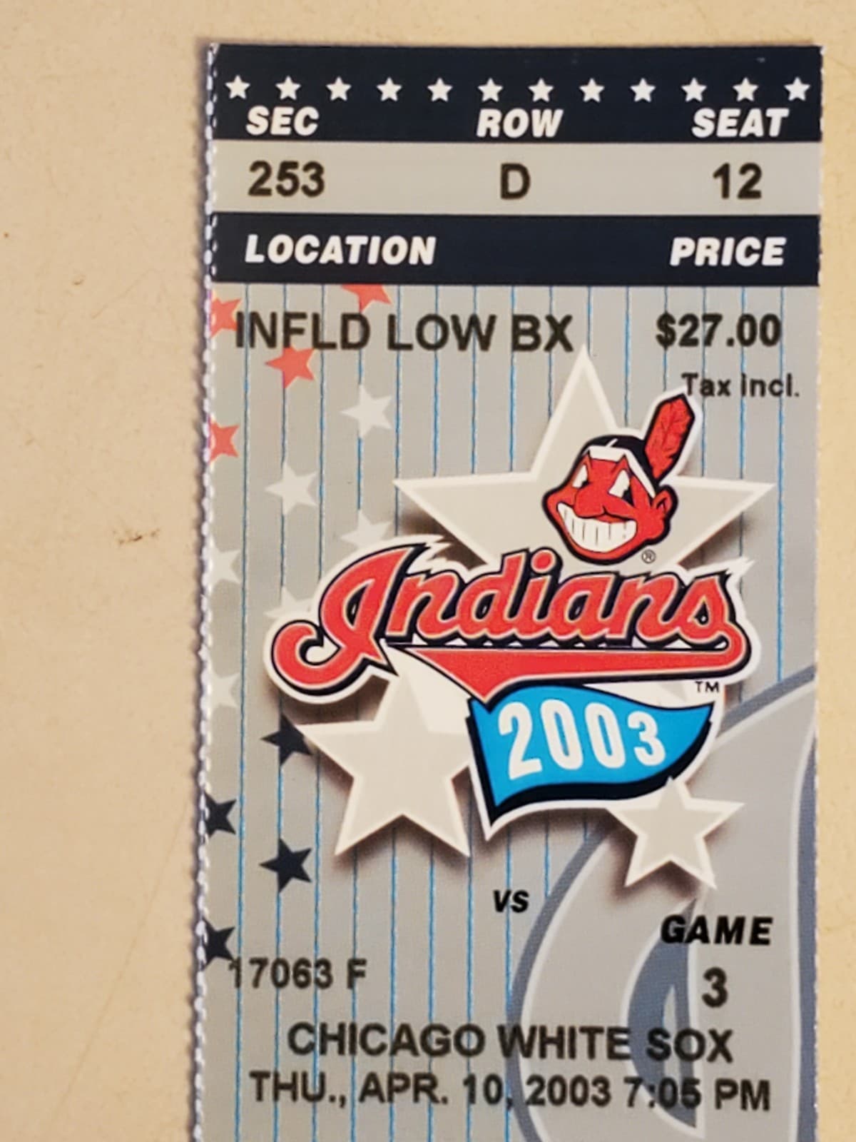 2003 MLB Cleveland Indians Ticket Stub APR 10 2003 v Chicago White Sox (2-7L) - Thumbnail 6