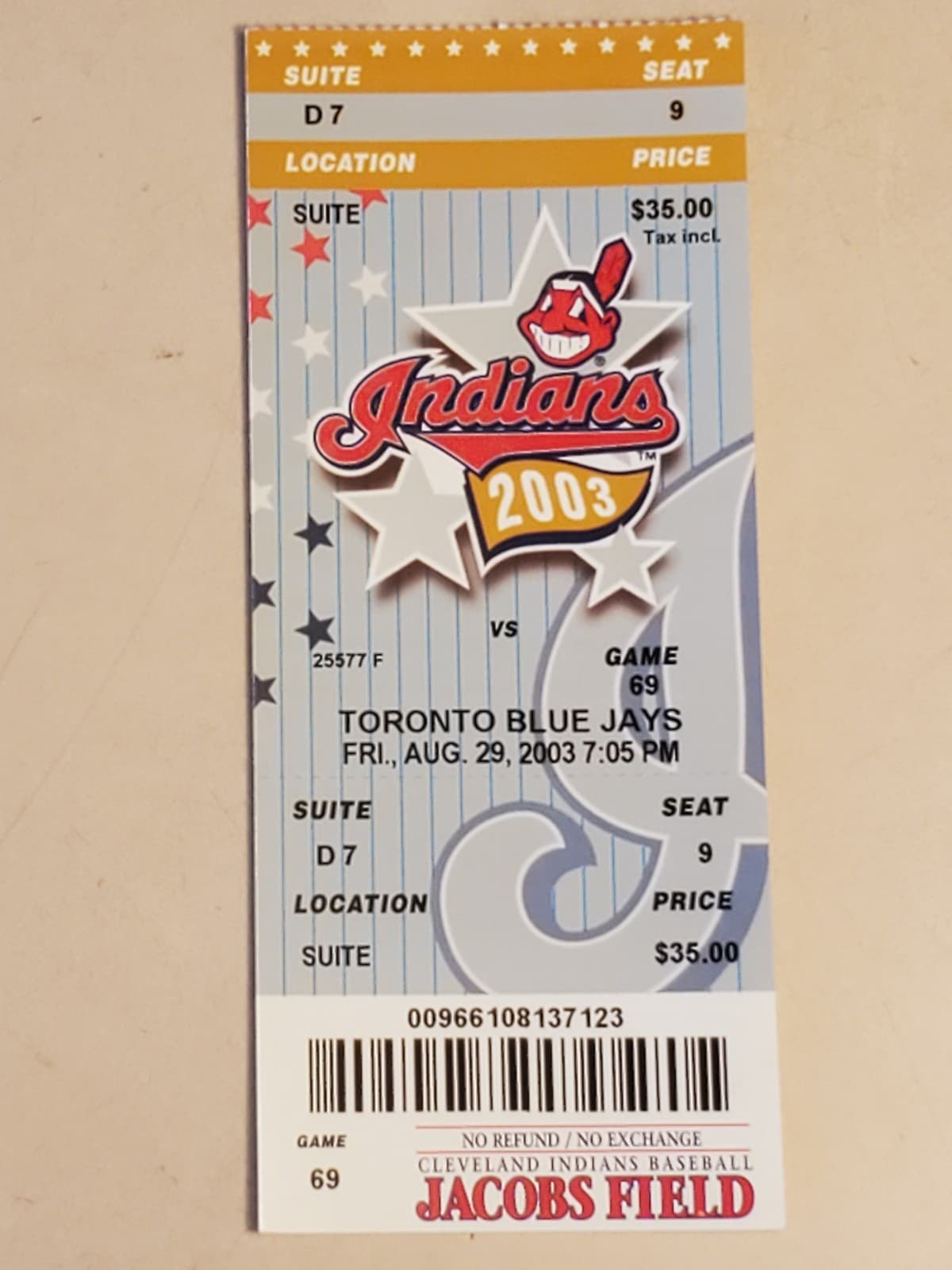 2003 MLB Cleveland Indians Ticket Stub AUG 29 2003 v Toronto Blue Jays (3-7L) - Image 1
