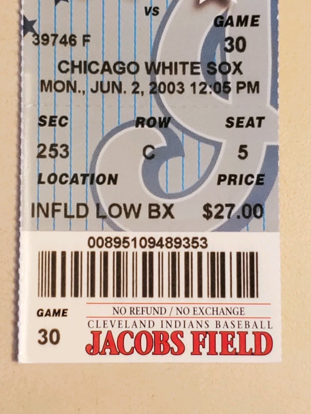 2003 MLB Cleveland Indians Ticket Stub JUN 2 2003 v Chicago White Sox (5-2W) SEC - Thumbnail 5