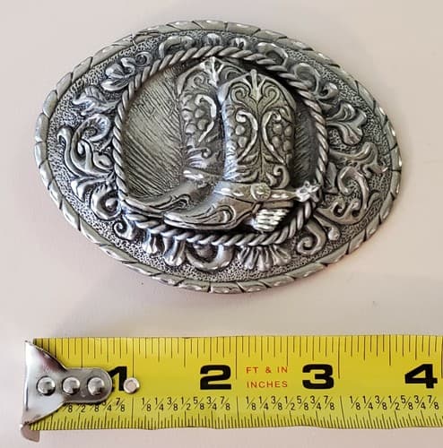 Belt Buckle - Pewter EJC@95 buckle featuring cowboy boots with spurs. Pristine - Thumbnail 8