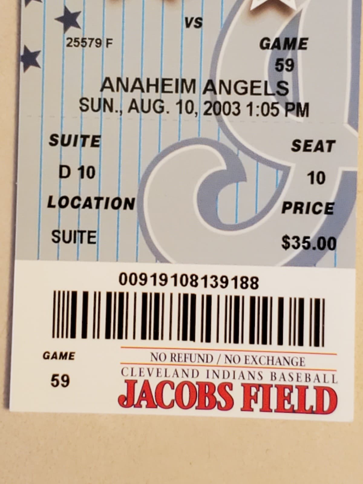 2003 MLB Cleveland Indians Ticket Stub AUG 10 2003 v Anaheim Angels (3-1W) SUITE - Thumbnail 5