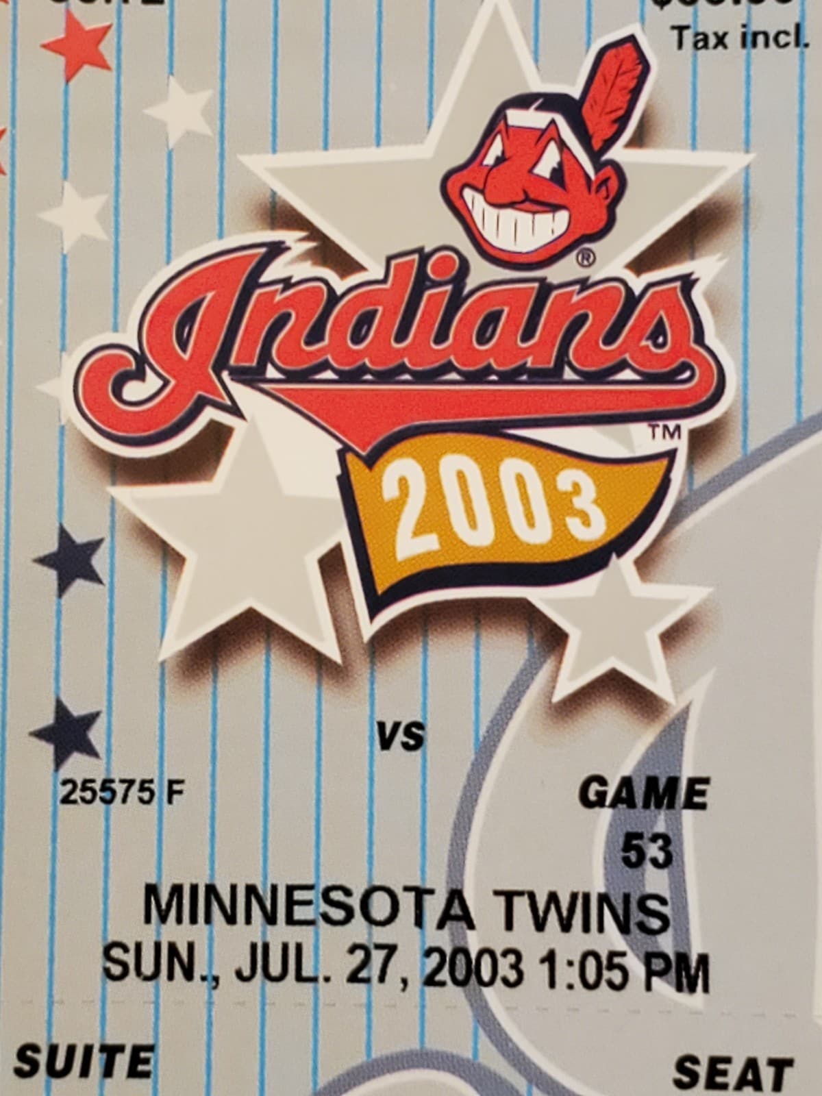 2003 MLB Cleveland Indians Ticket Stub JUL 27 2003 v Minnesota Twins (3-2W) SUIT - Thumbnail 4