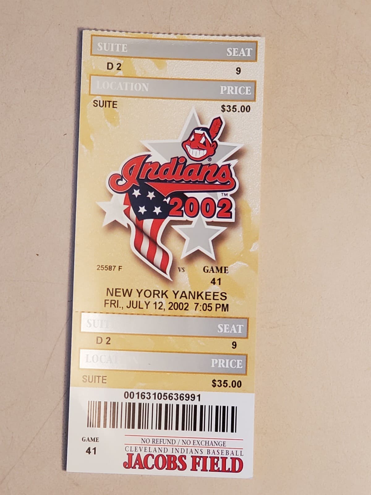 2002 MLB Cleveland Indians Ticket Stub JUL 12 2002 v New York Yankees (2-1W) SUI - Image 1